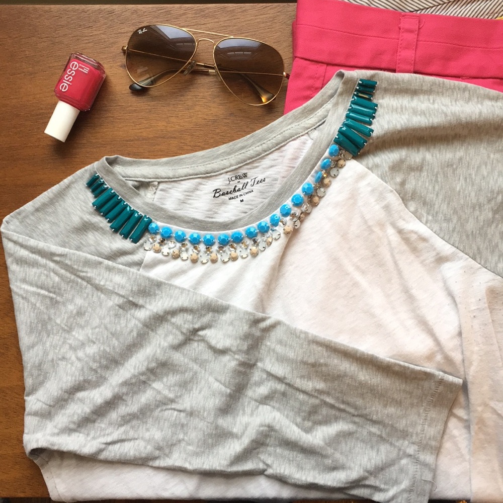 J.Crew baseball tee with beaded neckline, VGUC